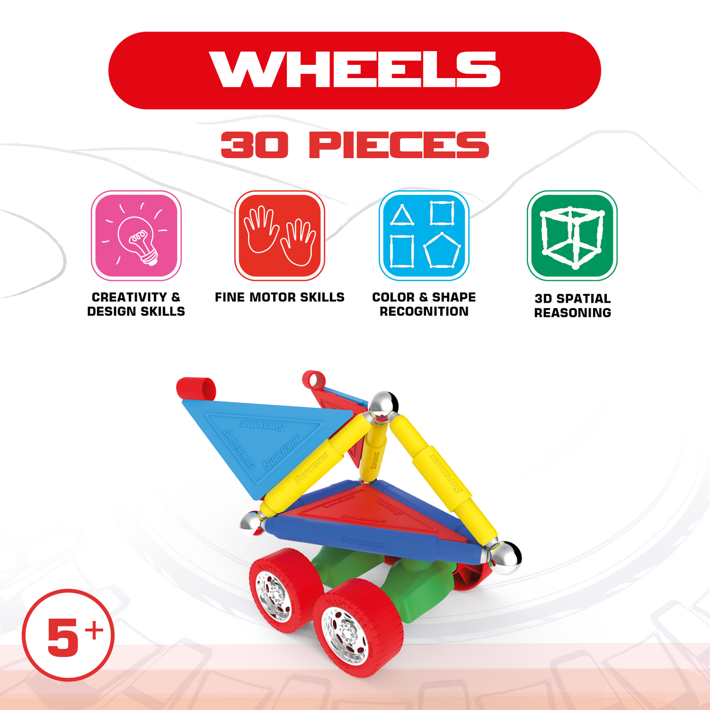 Tinamiri Supermag - Wheels 30 - Magnetic Building Set, Educational construction fun, 30 piece set, Magnet Toys