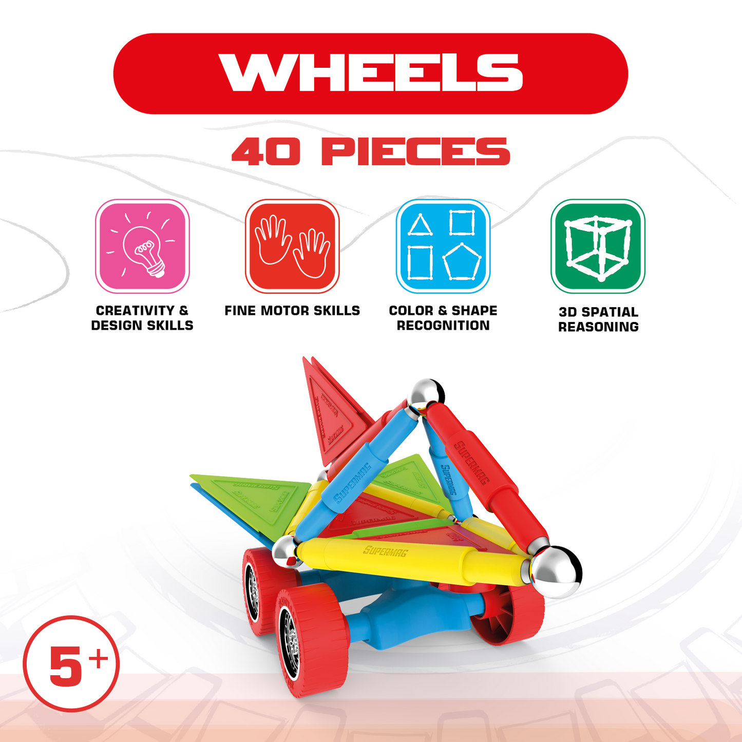 Tinamiri Supermag - Wheels 40 - Magnetic Building Set, Educational construction fun, 40 piece set, Magnet Toys