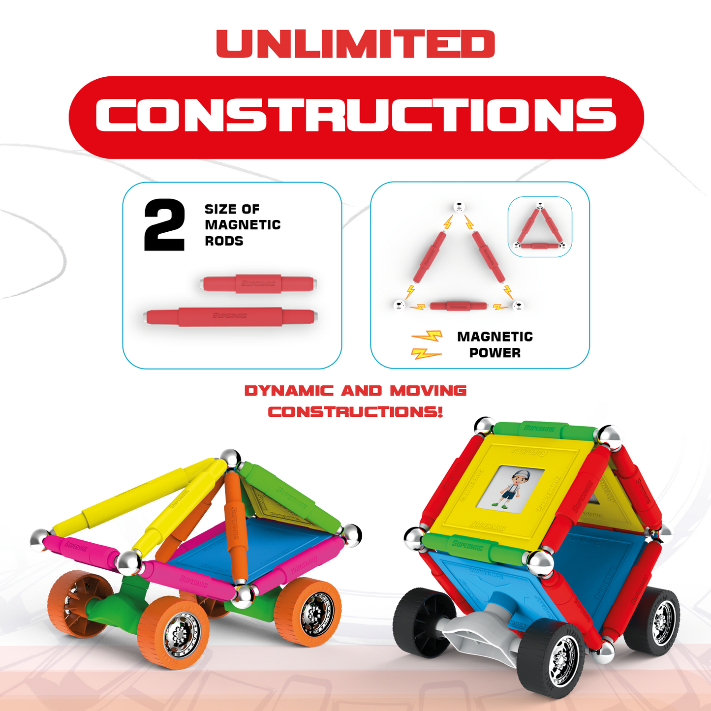 Tinamiri Supermag - Wheels 55 - Magnetic Building Set, Educational construction fun, 55 piece set, Magnet Toys