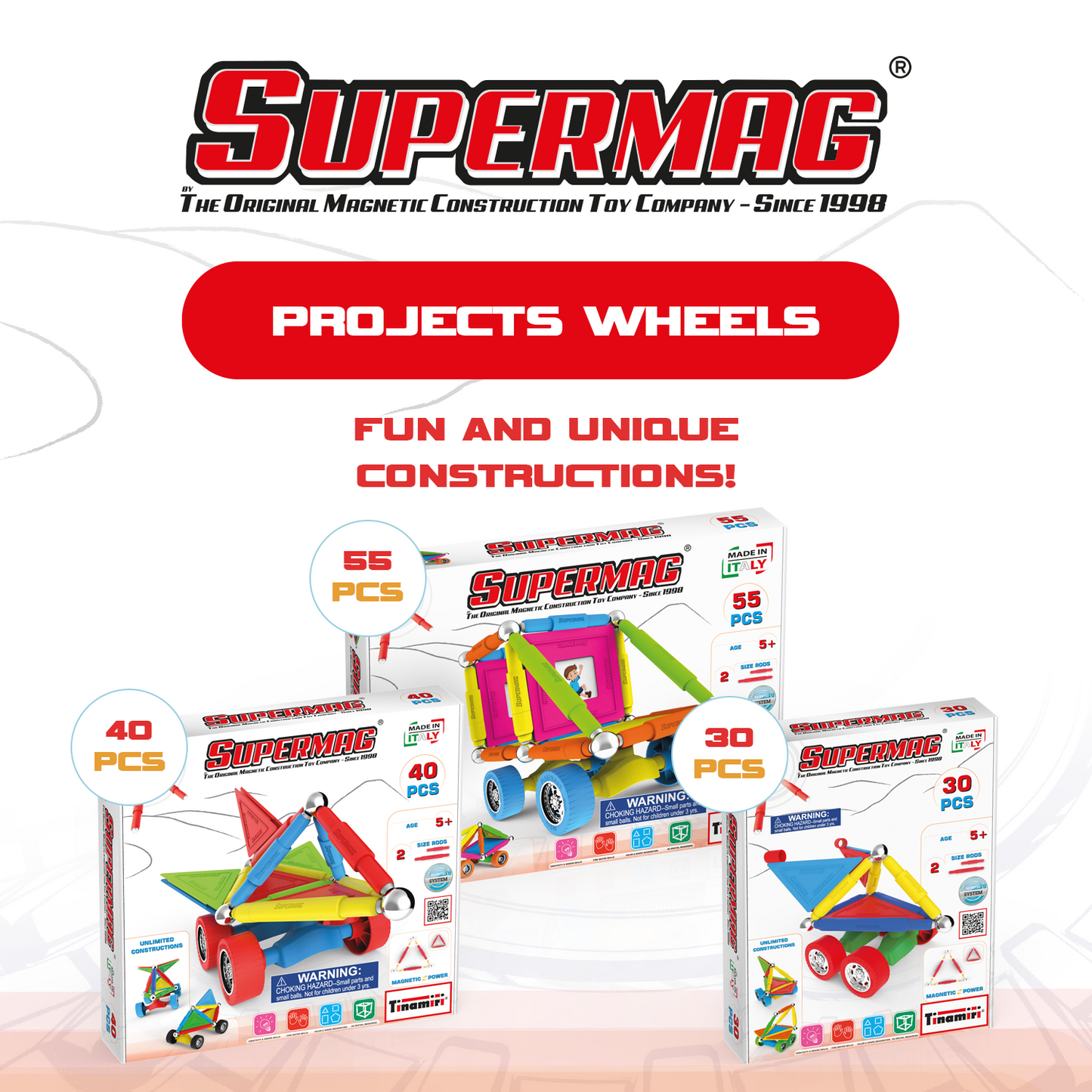 Tinamiri Supermag - Wheels 30 - Magnetic Building Set, Educational construction fun, 30 piece set, Magnet Toys