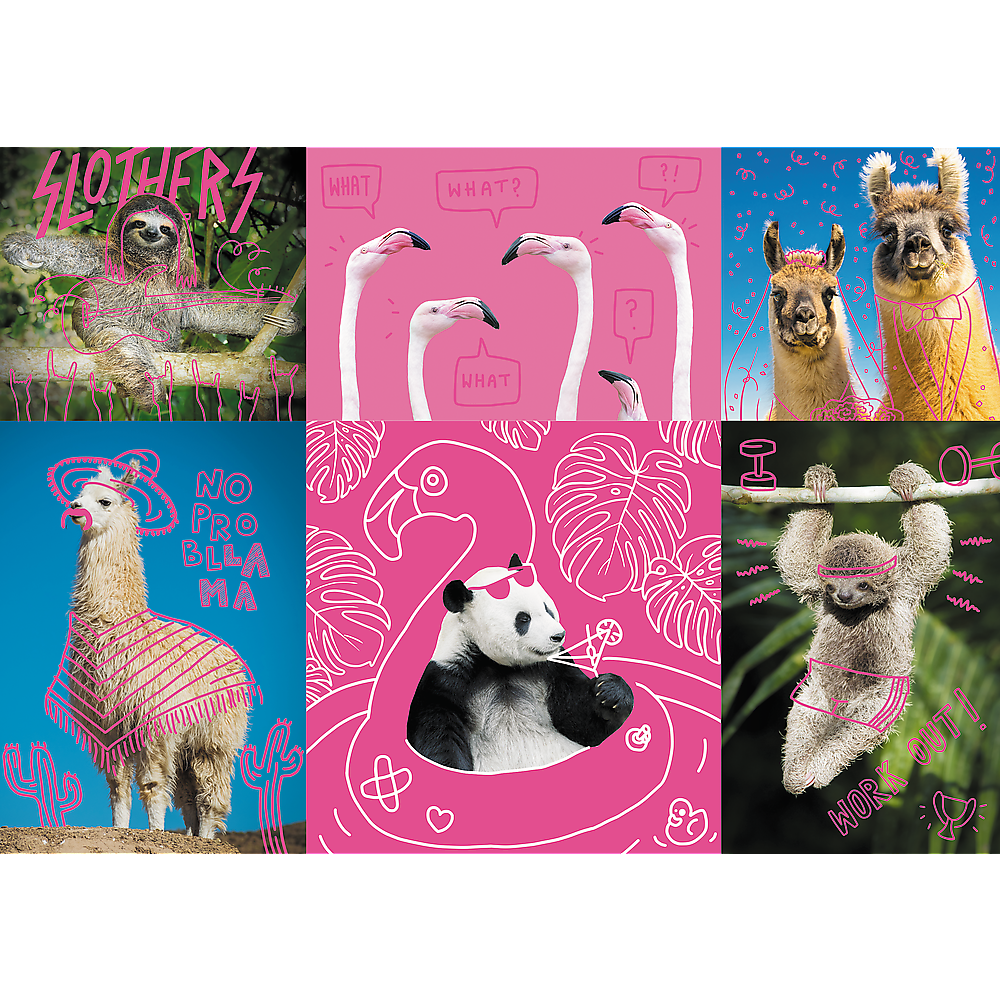 1000 Piece Jigsaw Puzzles, Crazy Animals, Silly Animals, Panda, Llama, Sloth, Flamingo