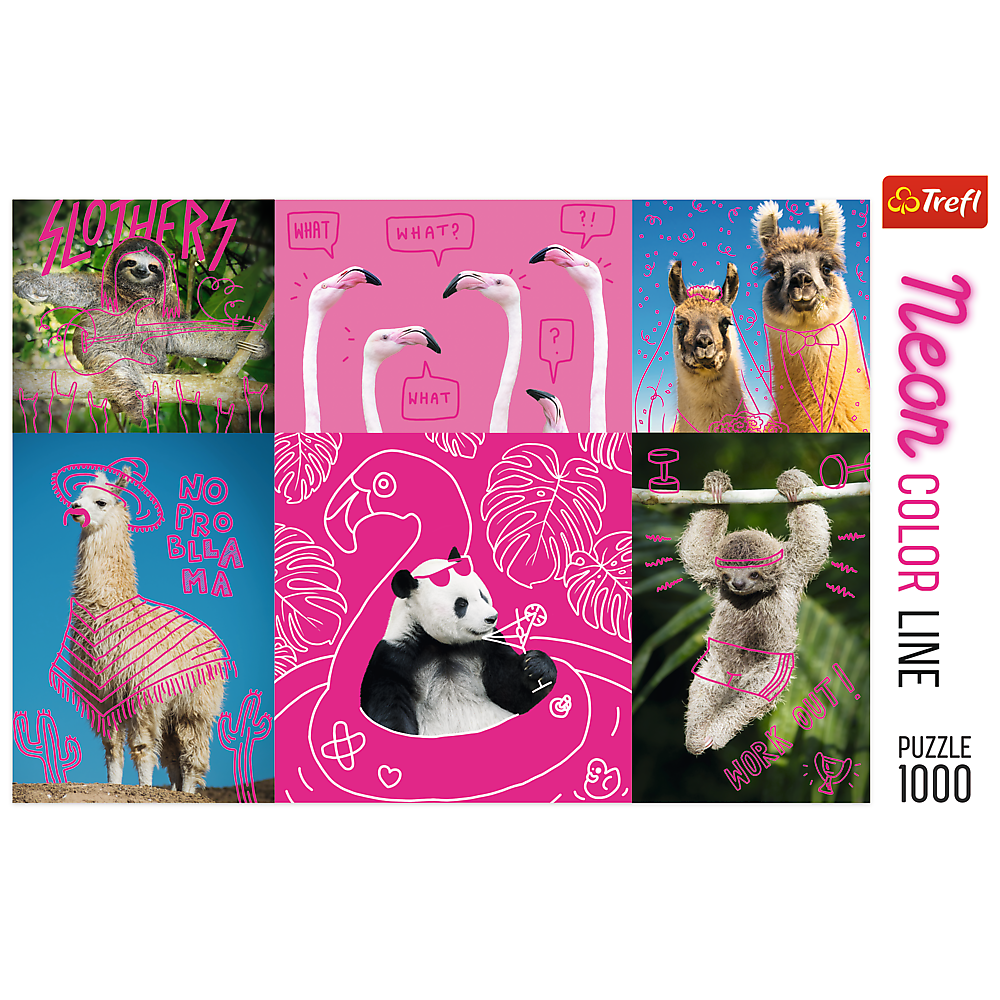 1000 Piece Jigsaw Puzzles, Crazy Animals, Silly Animals, Panda, Llama, Sloth, Flamingo