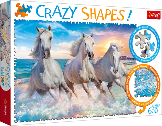 Crazy Shape 600 Piece Jigsaw Puzzles, Horses Gallop Among The Waves, Stallions, Beach