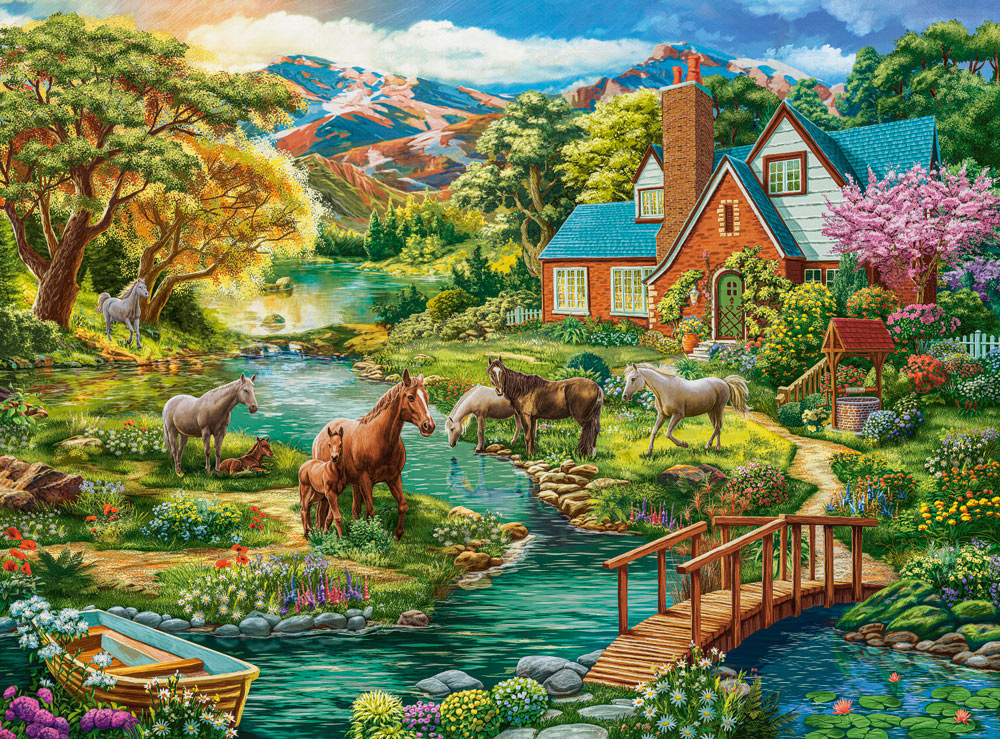 2000 Piece Jigsaw Puzzle, Idyllic House with Horses, Landscape, Rural view