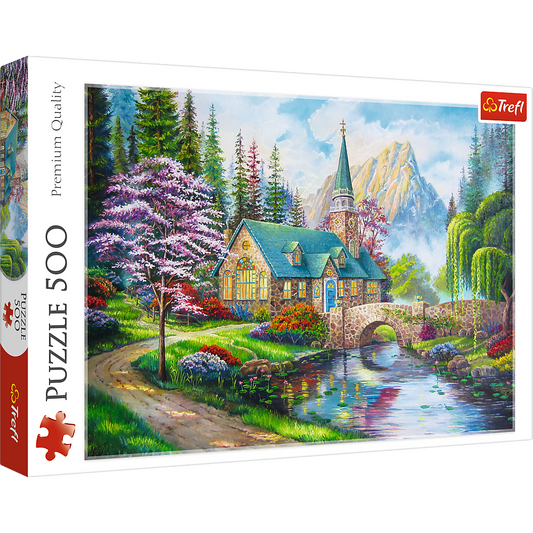 500 Piece Jigsaw Puzzles, Woodland Seclusion, Idyllic Landscape, Mountains and River, Cottage Puzzle