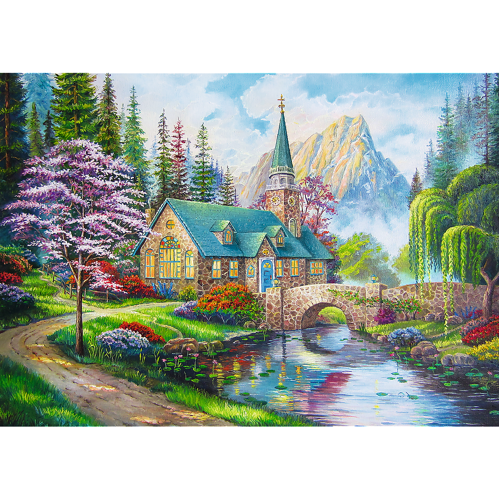 500 Piece Jigsaw Puzzles, Woodland Seclusion, Idyllic Landscape, Mountains and River, Cottage Puzzle