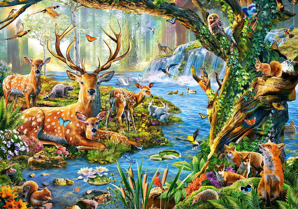 500 Piece Jigsaw Puzzle, Forest Life, Charming view of deer and animals in the forest