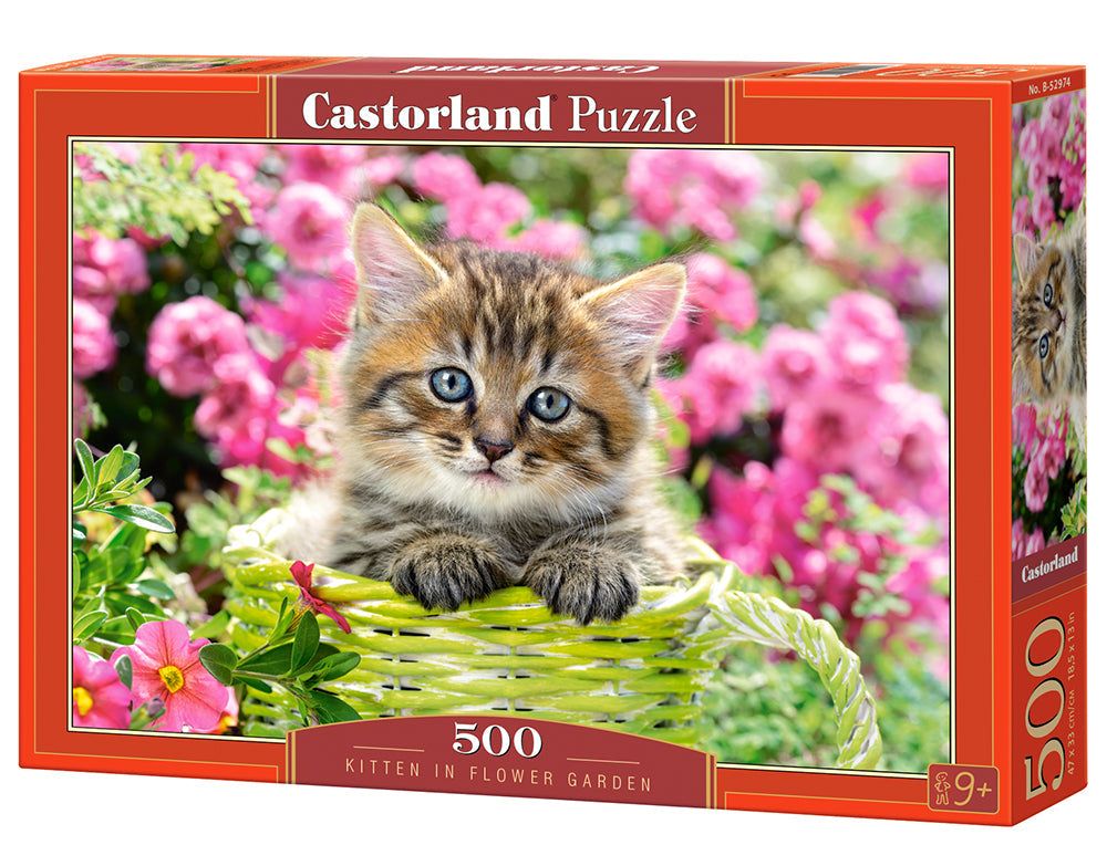 500 Piece Jigsaw Puzzle, Kitten in Flower Garden,  Cat puzzle, Kittie puzzle, Cute cat