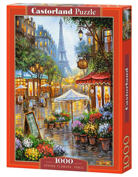 1000 Piece Jigsaw Puzzle, Spring Flowers, Paris, France, Colorful Eiffel Tower and Café Puzzle