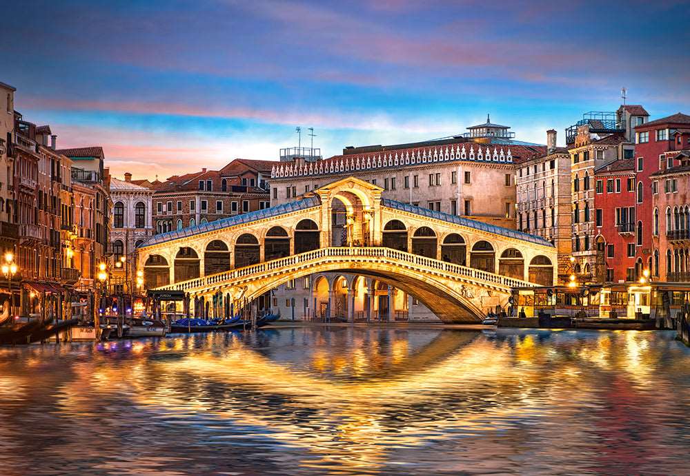 1000 Piece Jigsaw Puzzle, Rialto by Night, Rialto Bridge, Venice, Italy, Romantic place, European puzzle