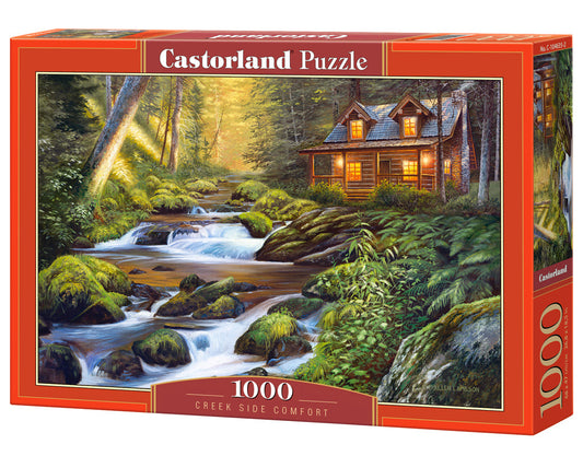 1000 Piece Jigsaw Puzzle, Creek Side Comfort, Cozy forest cottage, Forrest cabin