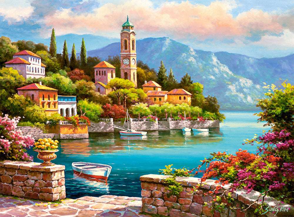 2000 Piece Jigsaw Puzzle, Village Clock Tower, Dolomites, Italy, Idyllic Landscape, Mountains and lake