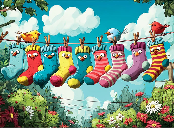 Whimsical Hanging Socks Outdoor Scene
