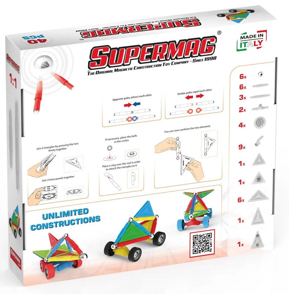 Tinamiri Supermag - Wheels 40 - Magnetic Building Set, Educational construction fun, 40 piece set, Magnet Toys