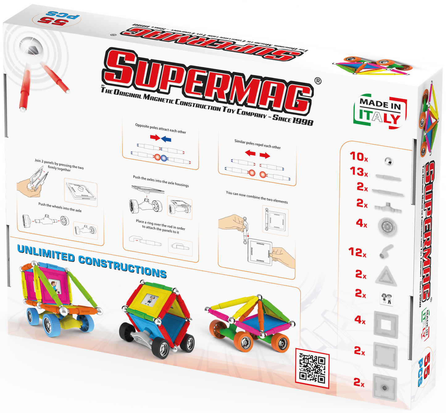 Tinamiri Supermag - Wheels 55 - Magnetic Building Set, Educational construction fun, 55 piece set, Magnet Toys